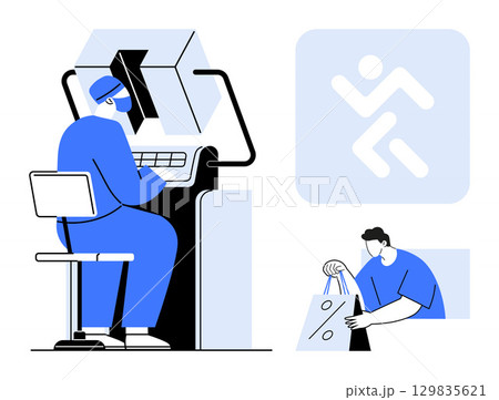 Healthcare worker operating medical equipment, another person collecting a product, and an abstract human figure logo. Ideal for healthcare, technology, retail, logistics, safety, manufacturing Healthcare worker operating medical equipment, another person collecting a product, and an abstract human figure logo. Ideal for healthcare, technology, retail, logistics, safety, manufacturing 129835621