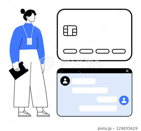 Woman holding clipboard next to credit card and chat interface window. Ideal for finance, business communication, customer service, online banking, identity verification, digital security Woman holding clipboard next to credit card and chat interface window. Ideal for finance, business communication, customer service, online banking, identity verification, digital security 129835629
