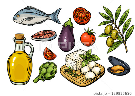 Full color Mediterranean sketch food set with fish and cheese Full color Mediterranean sketch food set with fish and cheese 129835650