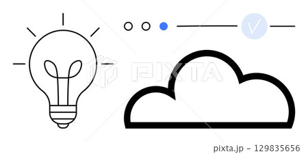 Light bulb and cloud illustration with progress indicators, symbolizing ideas and cloud technology. Ideal for tech advancements, innovation, digital solutions, cloud services, data storage, modern 129835656