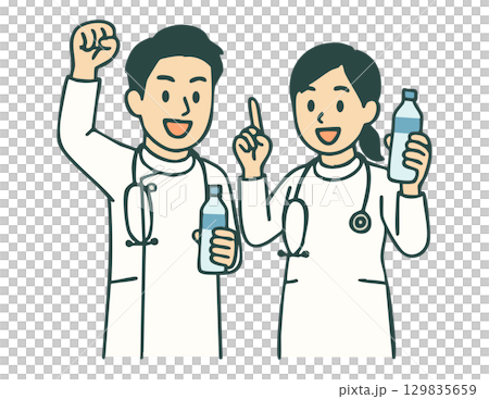 一位男護士和一位女護士呼籲補充水分的插圖 一位男護士和一位女護士呼籲補充水分的插圖 129835659