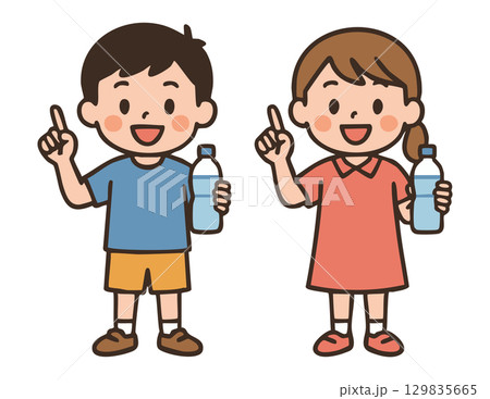 水分補給を呼びかける男の子と女の子 129835665