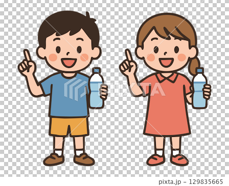 水分補給を呼びかける男の子と女の子 129835665