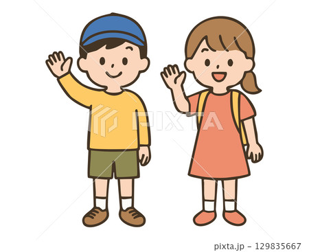 元気にあいさつし登校する男の子と女の子 129835667