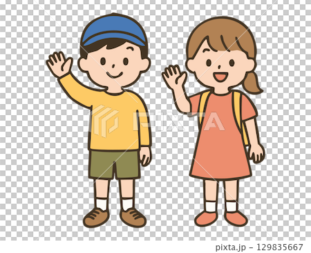 元気にあいさつし登校する男の子と女の子 129835667