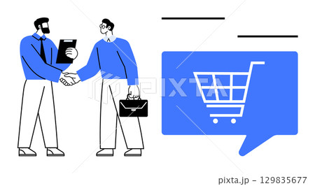 Two businessmen shaking hands one holds a clipboard, the other a briefcase. Large shopping cart icon symbolizes e-commerce success. Ideal for business partnerships, e-commerce, online shopping 129835677