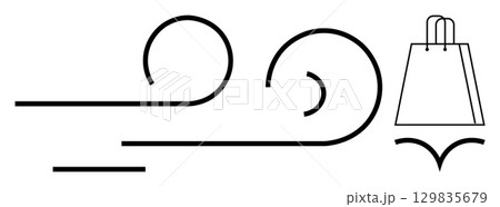 Twirling black lines with shopping bag outline suggesting breezy shopping experience. Ideal for retail, ecommerce, promotions, marketing, delivery services, fashion brands, advertising. Line metaphor Twirling black lines with shopping bag outline suggesting breezy shopping experience. Ideal for retail, ecommerce, promotions, marketing, delivery services, fashion brands, advertising. Line metaphor 129835679
