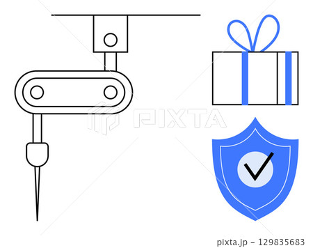 Robotic arm assembling product, a gift wrapped with a bow, and a secure checkmark shield. Ideal for automation, security, e-commerce, technology, innovation production gifting. Line metaphor Robotic arm assembling product, a gift wrapped with a bow, and a secure checkmark shield. Ideal for automation, security, e-commerce, technology, innovation production gifting. Line metaphor 129835683