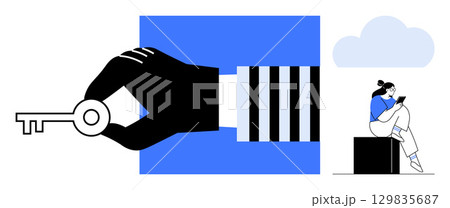 Hand holding key suggesting access, person using mobile device, cloud overhead. Ideal for technology, security, connectivity, communication, online services accessibility data management. Line Hand holding key suggesting access, person using mobile device, cloud overhead. Ideal for technology, security, connectivity, communication, online services accessibility data management. Line 129835687