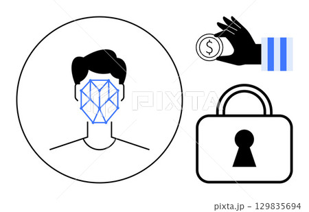 Facial recognition scanning a users face, hand holding a coin, and a security lock. Ideal for security, biometrics, finance, identity verification, online transactions cybersecurity privacy. Line Facial recognition scanning a users face, hand holding a coin, and a security lock. Ideal for security, biometrics, finance, identity verification, online transactions cybersecurity privacy. Line 129835694
