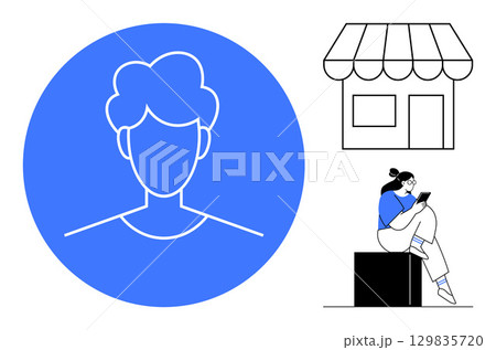User profile inside a blue circle, storefront illustration, woman sitting with smartphone. Ideal for online identity, e-commerce, small business, social media, tech-themed designs, user interface 129835720