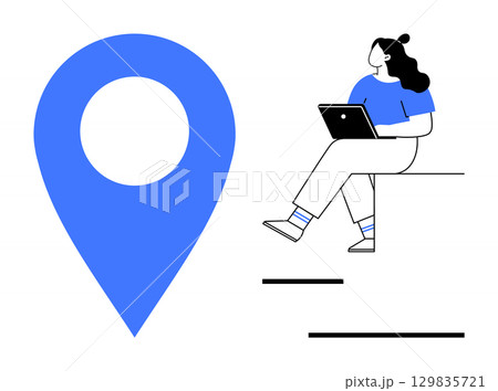 Woman wearing blue shirt with laptop sitting beside large blue location pin. Ideal for technology, navigation, remote work, digital communication, online education, freelancing, and travel. Line 129835721