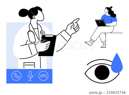 Doctor holding a clipboard, pointing, patient using a laptop, eye with a teardrop. Ideal for healthcare, telemedicine, online consultation, remote diagnosis, digital health, medical advice, virtual Doctor holding a clipboard, pointing, patient using a laptop, eye with a teardrop. Ideal for healthcare, telemedicine, online consultation, remote diagnosis, digital health, medical advice, virtual 129835736
