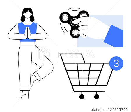 Female figure practicing yoga, hand spinning a fidget toy, shopping cart icon with notification. Ideal for wellness apps, e-commerce, stress relief, fitness, productivity, lifestyle mental health 129835793