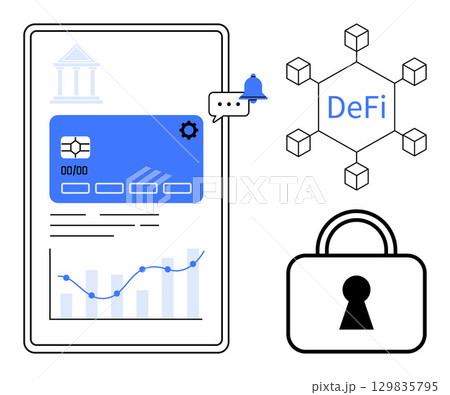 Mobile device screen with financial card, notification bell, DeFi icon, chart, and security lock. Ideal for fintech, digital banking, cryptocurrency, blockchain financial security DeFi investment 129835795