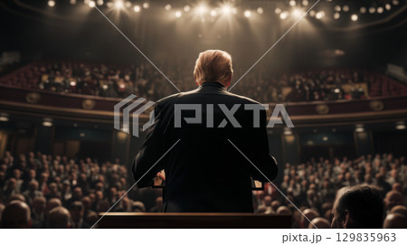 講演会で演説する男性の後ろ姿と満員の聴衆 講演会で演説する男性の後ろ姿と満員の聴衆 129835963