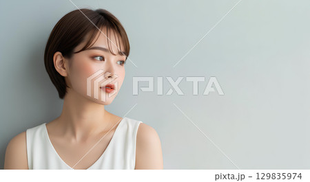 ショートヘアの若い女性の自然光ポートレート 129835974