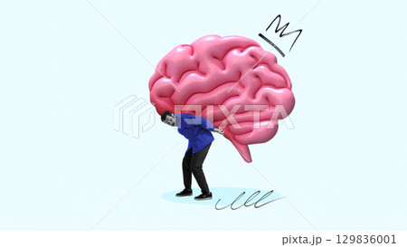 Graphic composition. Man carrying oversized brain symbolizing burden of thoughts Graphic composition. Man carrying oversized brain symbolizing burden of thoughts 129836001