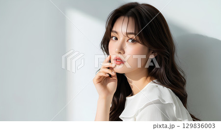ロングヘアの白い服の若い女性が自然光の中で微笑むポートレート 129836003