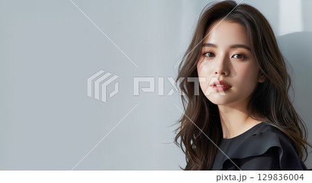 ロングヘアの黒い服の若い女性が自然光の中で微笑むポートレート 129836004