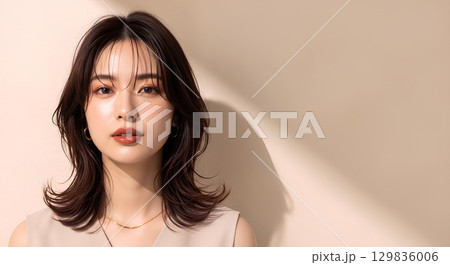 ミディアムヘアの大人可愛い女性の美しいポートレート 129836006