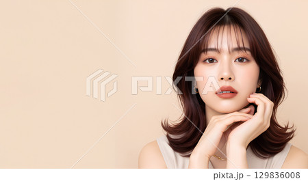 ミディアムヘアの大人可愛い女性の美しいポートレート 129836008