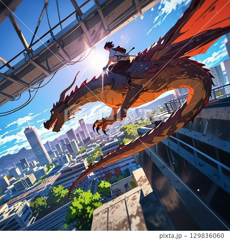 夕暮れの巨大な恐竜と少年 129836060