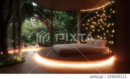 Luxurious Treehouse Bedroom with Natural View, the wooden elements and greenery add a cozy and inviting atmosphere Luxurious Treehouse Bedroom with Natural View, the wooden elements and greenery add a cozy and inviting atmosphere 129836121