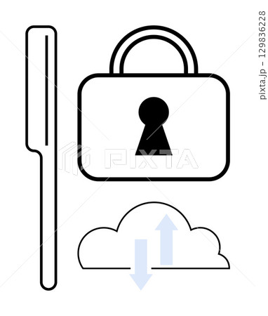 Digital key with a padlock and cloud with arrows indicating data transfer. Ideal for cybersecurity, cloud computing, data protection, online privacy, secure storage, information security, encryption 129836228