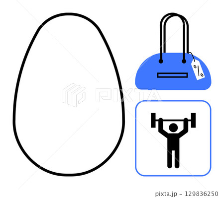 Egg outline, blue sports bag with price tag, weightlifter holding barbell icon in square. Ideal for retail, health, sports, fitness, shopping food lifestyle themes. Line metaphor Egg outline, blue sports bag with price tag, weightlifter holding barbell icon in square. Ideal for retail, health, sports, fitness, shopping food lifestyle themes. Line metaphor 129836250