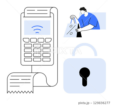 Digital payment terminal emitting signal, printed receipt, shopper holding shopping bags, and secure padlock. Ideal for e-commerce, mobile payments, retail security, fintech, transactions shopping Digital payment terminal emitting signal, printed receipt, shopper holding shopping bags, and secure padlock. Ideal for e-commerce, mobile payments, retail security, fintech, transactions shopping 129836277