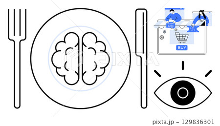 Brain on a plate with fork and knife, eye, and online shopping graphics. Ideal for psychology, marketing, consumer behavior, digital commerce, neuroscience decision-making education. Line metaphor Brain on a plate with fork and knife, eye, and online shopping graphics. Ideal for psychology, marketing, consumer behavior, digital commerce, neuroscience decision-making education. Line metaphor 129836301