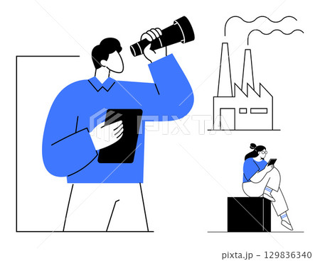 Person looks through telescope while holding tablet, another person seated with a tablet near factory building. Ideal for planning, strategy, industry, business growth, future foresight, teamwork 129836340