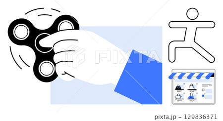 Hand spinning a fidget spinner, abstract human figure in running pose, and web storefront illustration. Ideal for stress relief, e-commerce, mental focus, online shopping, user interface design 129836371