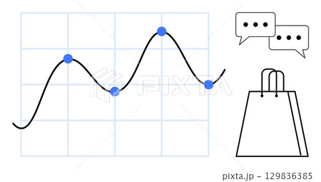 Line graph with data points on a grid, a shopping bag icon, and chat bubbles. Ideal for business analytics, retail analysis, e-commerce, communication, statistics, customer feedback and forecasting 129836385