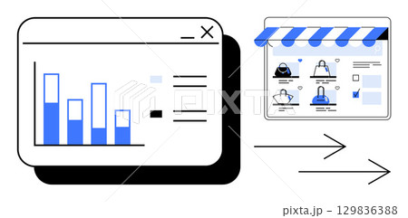 Data analysis chart with blue bar graph arrows pointing towards an online store with product icons such as clothing and bags. Ideal for e-commerce, business strategy, market analysis, sales Data analysis chart with blue bar graph arrows pointing towards an online store with product icons such as clothing and bags. Ideal for e-commerce, business strategy, market analysis, sales 129836388
