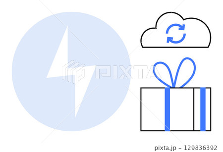 Lightning bolt in blue circle, cloud with sync arrows, and gift box with bow. Ideal for technology, cloud computing, energy, power, synchronization cloud storage and celebrations. Line metaphor Lightning bolt in blue circle, cloud with sync arrows, and gift box with bow. Ideal for technology, cloud computing, energy, power, synchronization cloud storage and celebrations. Line metaphor 129836392