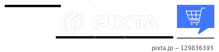 Shopping cart inside a blue speech bubble, with two horizontal black lines above and below. Ideal for e-commerce, online shopping, digital marketing, customer support, communication, retail, business 129836393