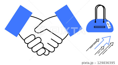 Handshake representing agreement, handbag with price tag symbolizing commerce, and rising arrows indicating growth. Ideal for business partnerships, commerce, marketing, sales, trade, financial 129836395