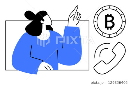 Businesswoman in blue pointing upward with Bitcoin symbol, clock and a phone icon. Ideal for finance, cryptocurrency, communication, technology, digital transactions, customer service, and investing Businesswoman in blue pointing upward with Bitcoin symbol, clock and a phone icon. Ideal for finance, cryptocurrency, communication, technology, digital transactions, customer service, and investing 129836403