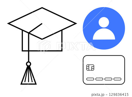 Graduation cap, user profile icon, and credit card depict education, identity, and finance. Ideal for academic achievements, personal identification, financial services, digital profiles online 129836415