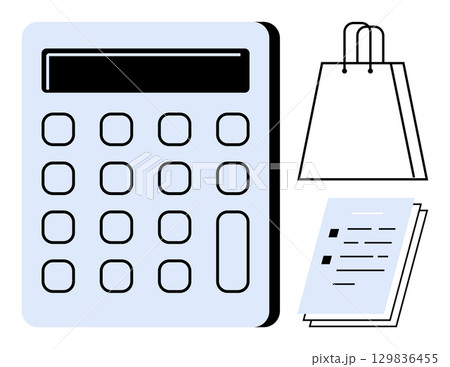 Calculator, shopping bag, and two stacked documents. Ideal for budgeting, shopping, accounting, financial planning, expense tracking business management and office supplies. Line metaphor 129836455