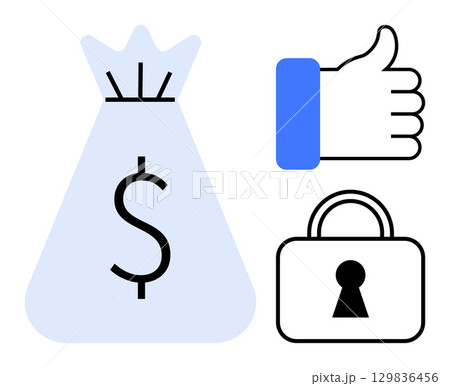 Money bag with dollar sign, thumbs up, and padlock illustrate financial security and success. Ideal for digital transactions, banking, investment, saving, online security, financial planning Money bag with dollar sign, thumbs up, and padlock illustrate financial security and success. Ideal for digital transactions, banking, investment, saving, online security, financial planning 129836456