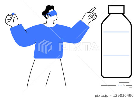 Man in VR headset pointing and holding a small object, interacting with a large bottle. Ideal for VR experiences, product design, technology, innovation, gaming, virtual education, digital Man in VR headset pointing and holding a small object, interacting with a large bottle. Ideal for VR experiences, product design, technology, innovation, gaming, virtual education, digital 129836490
