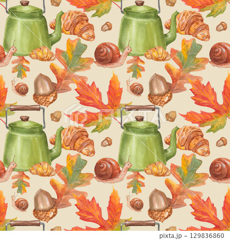 Watercolor seamless autumn pattern with kettle, snale, croissant, leaves, acorns 129836860