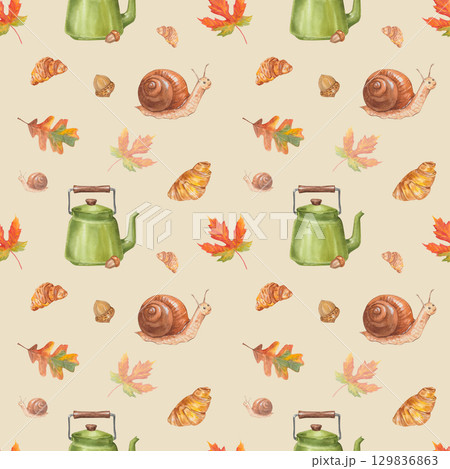 Watercolor seamless autumn pattern with kettle, snale, croissant, leaves, acorns 129836863