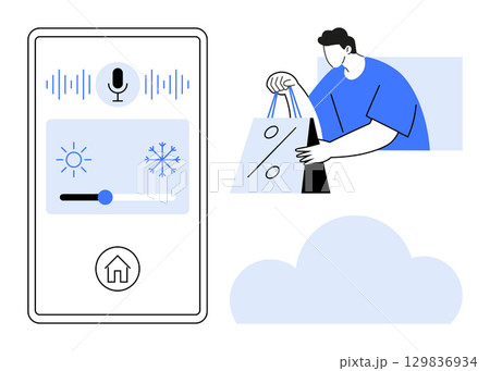 Smartphone interface with voice control and temperature adjustment icons next to a person holding shopping bags. Ideal for technology, smart home, e-commerce, retail, user interaction, consumer Smartphone interface with voice control and temperature adjustment icons next to a person holding shopping bags. Ideal for technology, smart home, e-commerce, retail, user interaction, consumer 129836934
