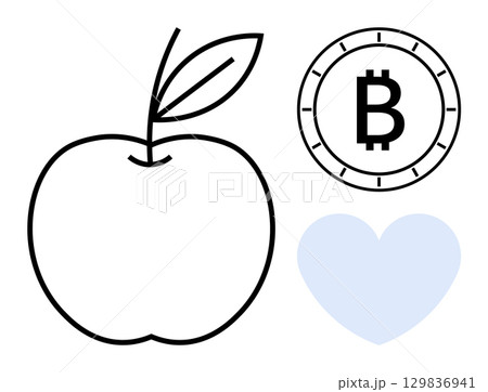 Black and white outline of an apple, Bitcoin symbol coin, and light blue heart. Ideal for health, finance, love, education, technology, well-being, infographic themes. Line metaphor Black and white outline of an apple, Bitcoin symbol coin, and light blue heart. Ideal for health, finance, love, education, technology, well-being, infographic themes. Line metaphor 129836941