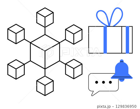Network of connected cubes, present with ribbon, notification bell with speech bubble. Ideal for technology, communication, connectivity, alerts, gifts organization events. Line metaphor Network of connected cubes, present with ribbon, notification bell with speech bubble. Ideal for technology, communication, connectivity, alerts, gifts organization events. Line metaphor 129836950