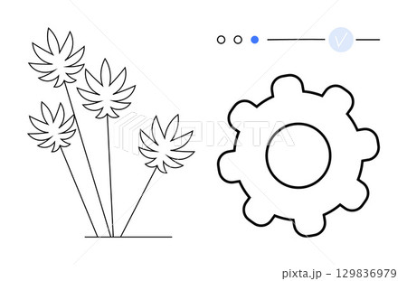 Stylized gear and abstract plants, minimalist interface elements with check mark. Ideal for technology, nature, eco-friendly, software, balance, minimalism concepts. Line metaphor Stylized gear and abstract plants, minimalist interface elements with check mark. Ideal for technology, nature, eco-friendly, software, balance, minimalism concepts. Line metaphor 129836979